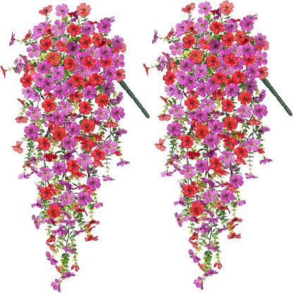 Artificial Hanging Flowers for Outdoors Faux Plants Decoration, 2 Packs Fake Silk Daisy Flower Realistic Outdoor Flowers UV Resistant Porch Patio Window Yard Outside Decor(Red Purple)