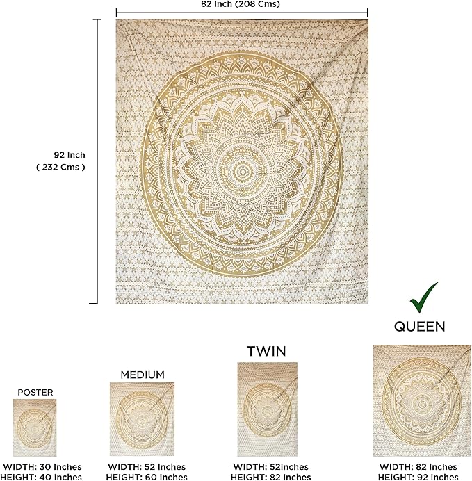 raajsee Glittering Gold Tapestry Wall Hanging Mandala- Indian Cotton Throw Hippie Tapestries - Boho Bedding White Golden Queen Bedspread 82x92 inches-Meditation Yoga Rugs Mats