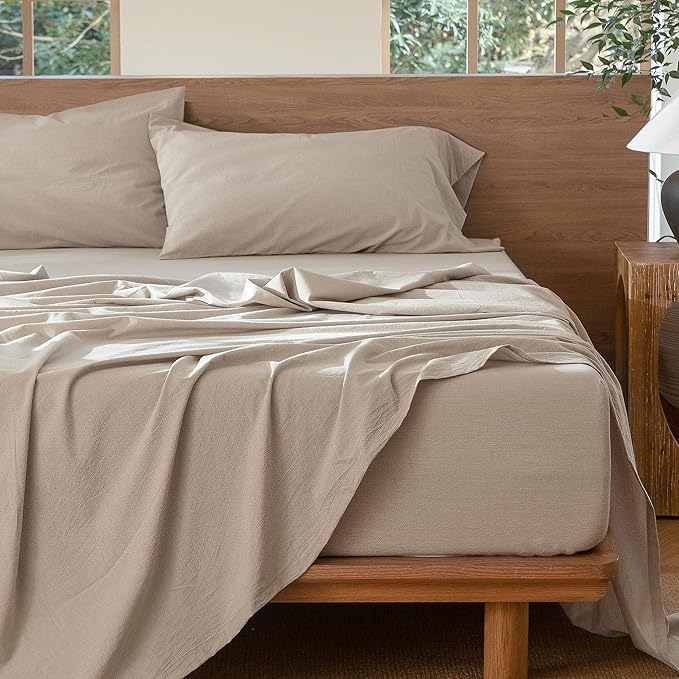 MooMee Bedding Sheet Set 100% Washed Cotton Linen Like Textured Breathable Durable Soft Comfy (Heathered Tannish Linen Grey, Queen)