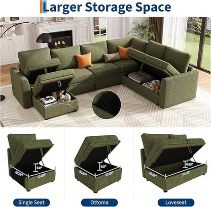 GarveeHome Sectional Sleeper Sofa with Pull Out Bed, Corduroy Modular Sectional Sofa U Shaped 7 Seat Couch with Pull Out Couch and Storage Seat & Ottoman, Convertible Couches for Living Room