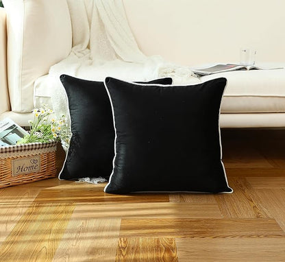 LIGICKY Set of 2 Black Velvet Throw Pillow Covers Modern Minimalist Style Solid Decorative White Rope Edging Soft Square Cushion Cases for Sofa Bedroom Party Décor, 16 x 16 inch
