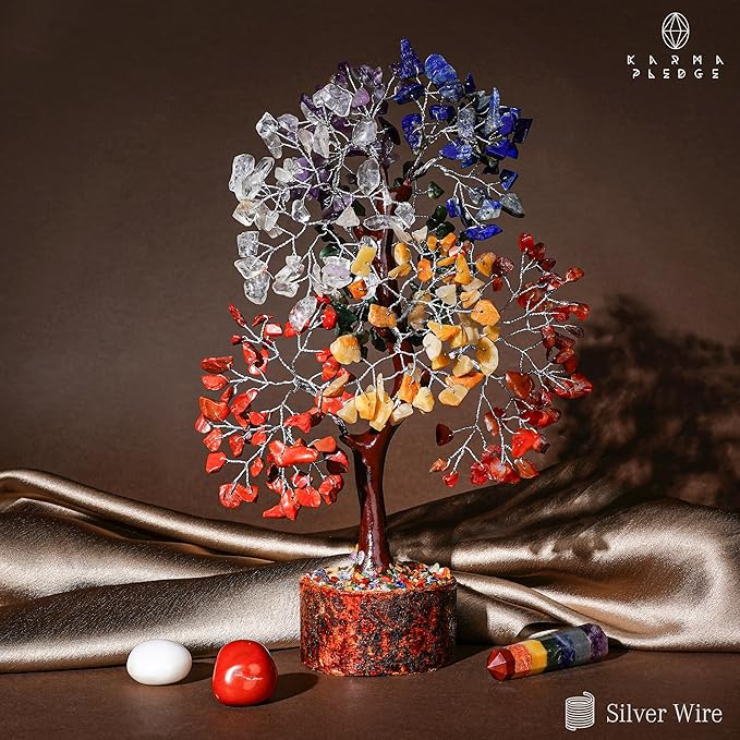 KARMAPLEDGE 7 Chakra Healing Crystal Tree of Life with Manifestation Card, Handmade Silver Wire Crystal Tree for Good Luck, Positive Energy, Wealth, Reiki Healing, and Decor, Gift for Women and Mom
