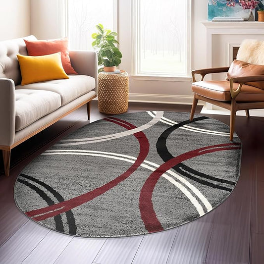 Rugshop Modern Wavy Circles Design Non-Shedding Oval Rug, Carpet for Living Room, Dining Room, or Bedroom, Red, 5' x 7' Oval