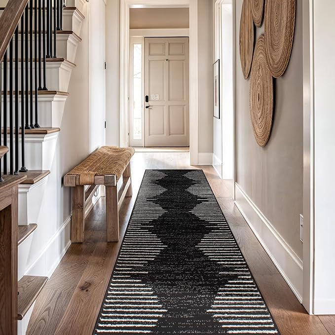 Rugshop Bohemian Stripe Stain Resistant High Traffic Living Room Kitchen Bedroom Dining Home Office Runner Rug 2'7" x 12' Black
