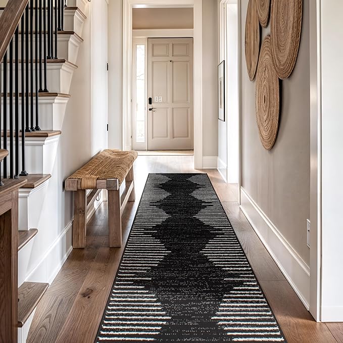Rugshop Bohemian Stripe Stain Resistant High Traffic Living Room Kitchen Bedroom Dining Home Office Runner Rug 2'7" x 10' Black