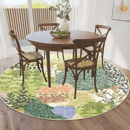 DEXDE Round Rug 5ft Washable Circle Area Rugs Non Slip Low Pile Boho Floral Large Circular Carpet for Bedroom Bathroom Entryway Kids Room Office Dining Room,Green