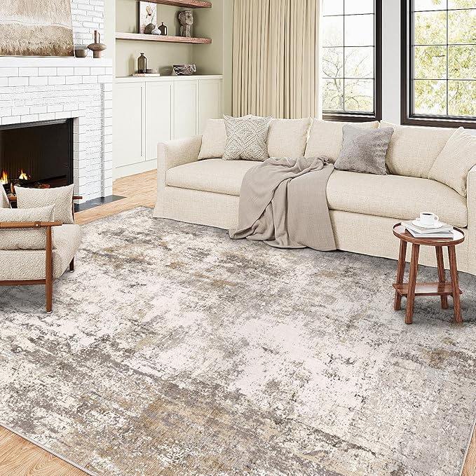 6x9 Washable Area Rug Brown Grey Abstract Living Room Bedroom Throw Rug Neutral Modern Non Slip Soft Low Pile Indoor Carpet for Dining Room Office Entryway