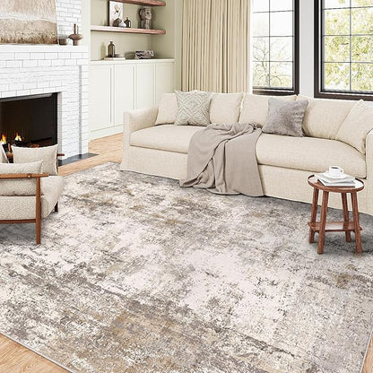 6x9 Washable Area Rug Brown Grey Abstract Living Room Bedroom Throw Rug Neutral Modern Non Slip Soft Low Pile Indoor Carpet for Dining Room Office Entryway