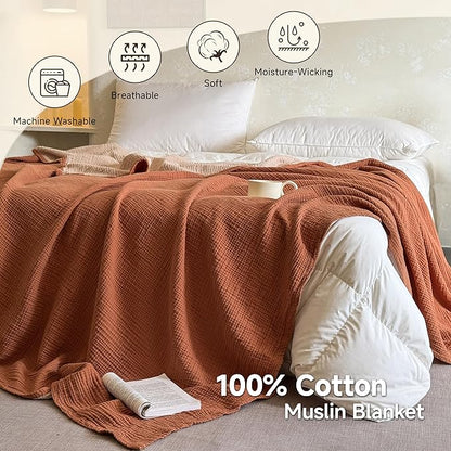 Simple&Opulence 100% Cotton Muslin Blanket, Lightweight Breathable 4 Layering Soft Cotton Throw Blanket,Gauze Blanket for Bed Couch Camping All-Season Use (Rust Orange, 50"x60")
