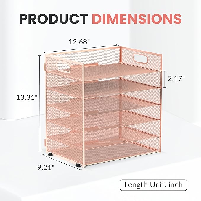 Daltack 6 Tier Paper Organizer for Desk, Paper Letter Tray Organizer for Desks, Mesh Desk File Organizers with Handle for Office, Home, School, Rose Gold, 2 Pack