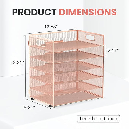 Daltack 6 Tier Paper Organizer for Desk, Paper Letter Tray Organizer for Desks, Mesh Desk File Organizers with Handle for Office, Home, School, Rose Gold