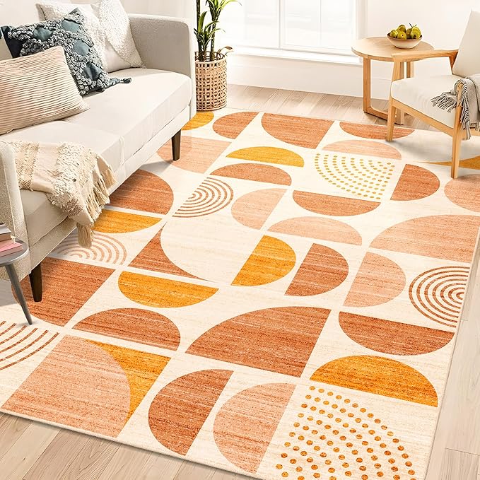 MUJOO 5x7 Area Rugs Boho,Washable Rugs for Living Room Bedroom Dining Room,Large Throw Floor Carpet Non Slip Soft Modern Abstract Bohemian Orange