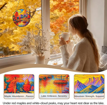 Stained Glass Window Hanging, Autumn Sun Catchers Stained Glass Panels for Indoor Windows Wall Art Decor, Birthday Gift for Mom Women Wife Men Lovers (7.87inch)