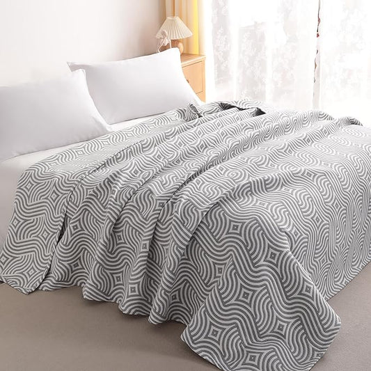 NTBAY 3 Layers Cotton Muslin 106x92 King Bed Blanket, Super Soft Breathable Thermal Yarn Dyed Quilt for Adults, Perfect Lightweight Blanket for Couch Sofa Bed All Seasons, Grey Geometric Ripples