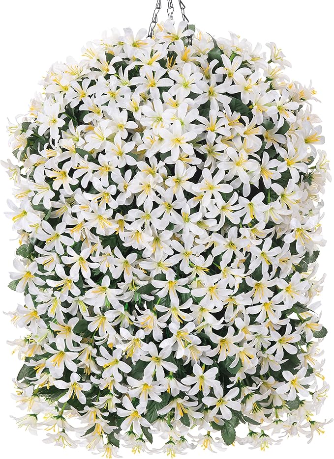 Artificial Flowers Plants for Outdoor with Basket, 4PCS Silk Hanging Faux Flowers Long Trailing Vines for Outside Home Porch Patio Decoration, White