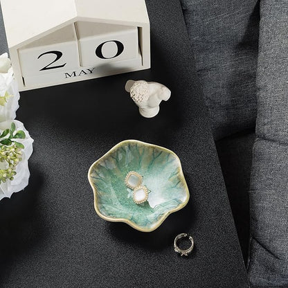 Ceramic Ring Dish, Jewelry Dish Holder, Small Trinket Tray Plate for Earrings Rings Necklaces Keys, for Mom Friend Sister, Retro Green