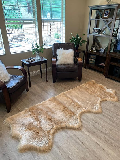 LAMBZY Faux Sheepskin Super Soft Hypoallergenic Silky Shag Rug for Living Room, Kids Room, Sofa (Quarto 4 Pelts Side by Side 3'x8', Beige)