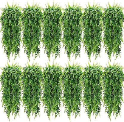 Geosar 12 Pcs Artificial Hanging Plants 32 Inch Hanging Boston Ferns Plastic Fake Plants for Wall Room Garden Wedding Garland Indoor Outdoor Decoration, No Basket