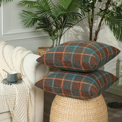 Stellhome Pack of 2 Faux Linen Buffalo Check Throw Pillow Covers, Farmhouse Plaid Decorative Cushion Covers for Couch Sofa Living Room, 24x24 Inch, Blue and Orange