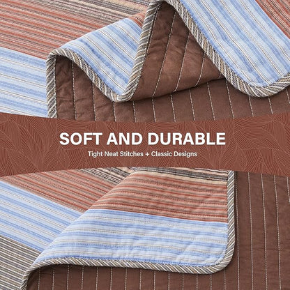 SahSahCasa 100% Cotton 120"x102" Oversized Bedspread Coverlet Quilt Set, Oversized Quilted Striped Bedspread Reversible Extra Large Quilt, XL Bed Spread Lightweight Comforter, 3pc, Brown/Multicolor