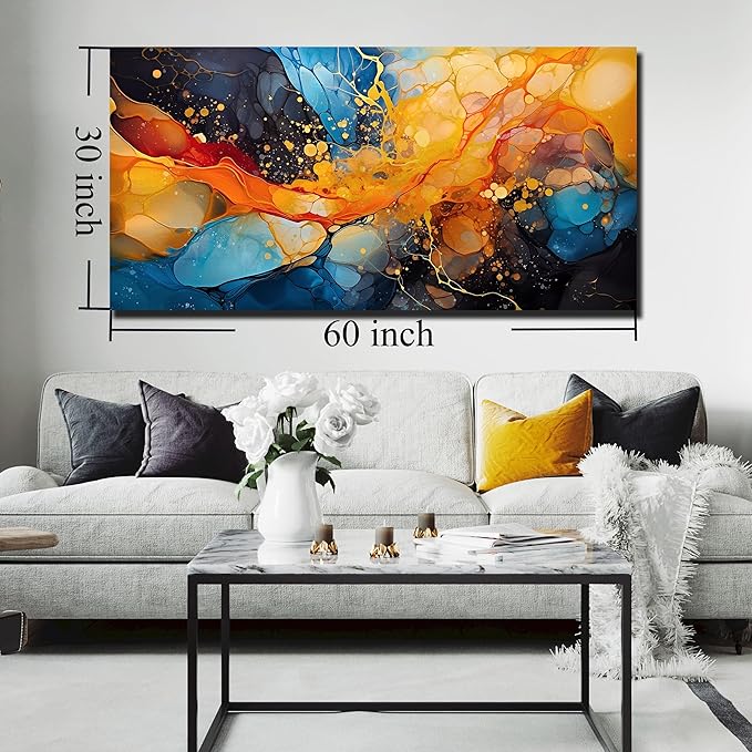 Large Abstract Canvas Wall Art Blue Orange Black Canvas Prints Modern Living Room Bedroom Home Office Wall Decor Framed Artwork Size 30x60
