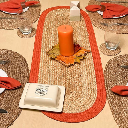 CHARDIN HOME Verona Oval Woven Jute & Cotton Braided Table Runner, Size -13 x 36 Inches, Color - Natural Jute with Rust Orange Border Thanksgiving Table Decor