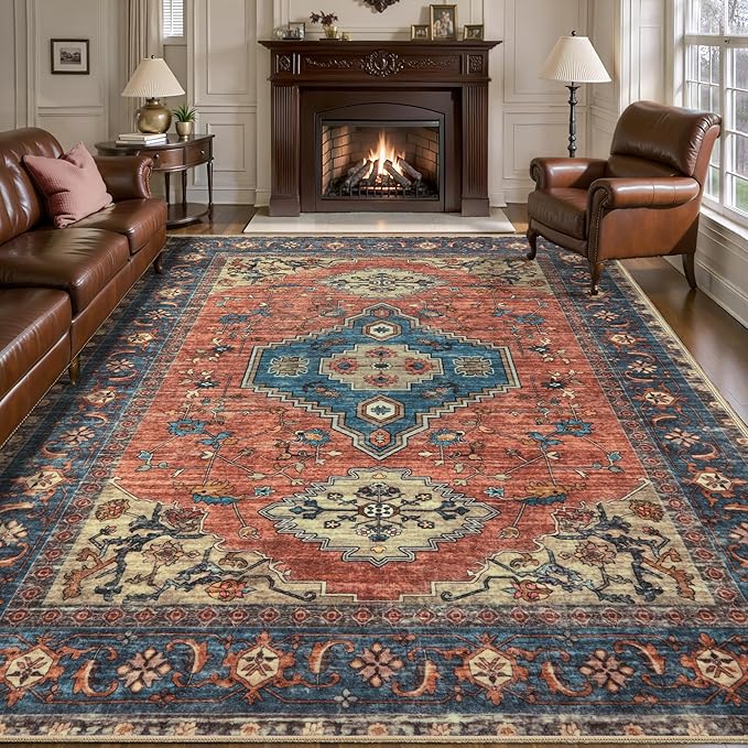 Tangsoo 6x9 Area Rug Washable Rugs for Living Room, Oriental Indoor Non Slip Large Area Rugs, Vintage Print Carpet, Soft Low Pile Foldable Floor Rug for Bedroom Dining Room Dorm Terracotta