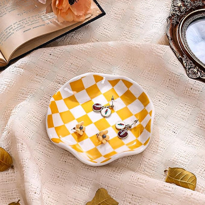 Koythin Ceramic Jewelry Tray, Checkered Pattern Aesthetic Decorative Trinket Dish for Rings, Earrings Necklaces Bracelet Watch Holder, Small Key Bowl, Birthday Mother's Day for Women (Orange)