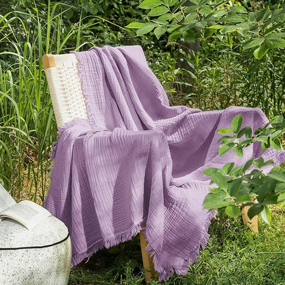 MooMee Muslin Blanket - 100% Cotton 4-Layer Gauze Throw Blanket with Tassels Ultra-Soft Breathable Lightweight Cooling for Bed Couch (Light Purple,Throw 60" x 50")