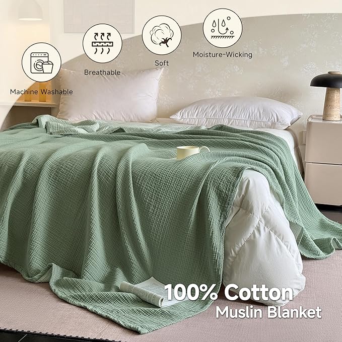 Simple&Opulence 100% Cotton Muslin Blanket, Lightweight Breathable 4 Layering Soft Cotton Throw Blanket,Gauze Blanket for Bed Couch Camping All-Season Use (Sage Green, 50"x60")
