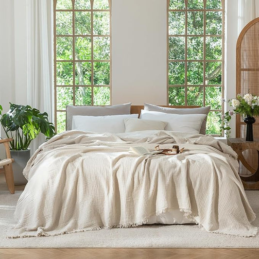 MooMee Muslin Blanket - 100% Cotton 4-Layer Gauze Throw Blanket with All-Around Fringe, Ultra-Soft Breathable Lightweight Cooling Decorative for Bed, Sofa & Couch (Beige, Queen 90" x 90")