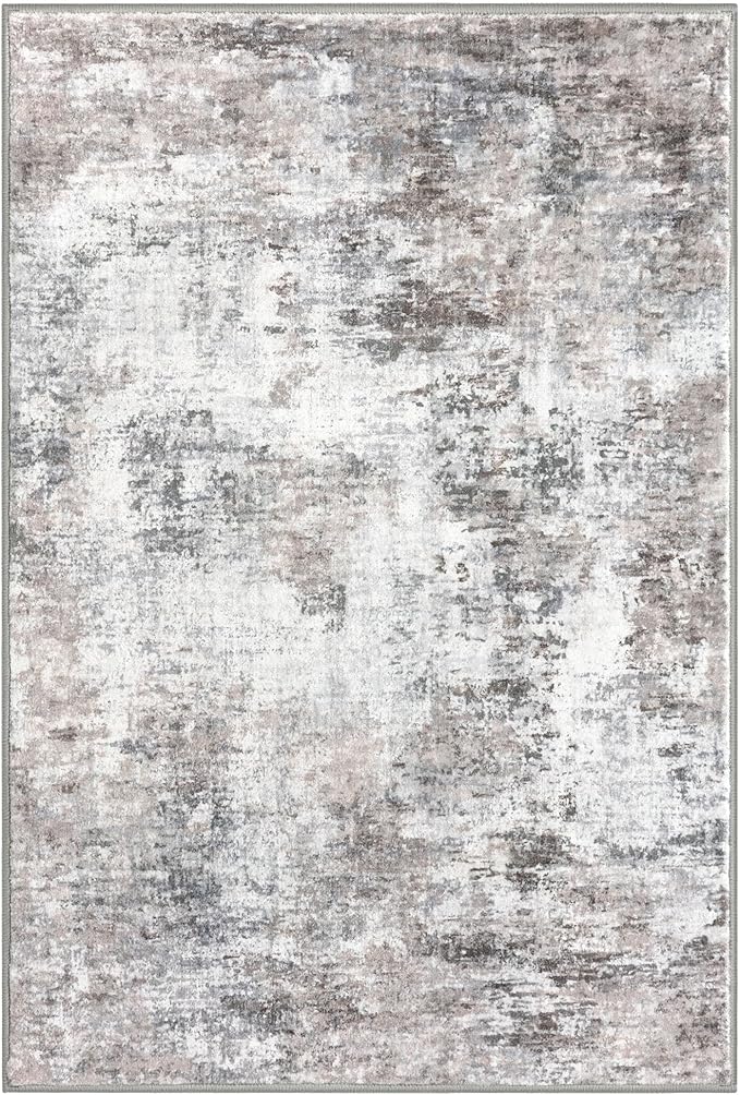 Small Abstract Area Rug 2x3 Entryway Rug Washable Door Mat Indoor Entrance, Washable Throw Rugs Non-Slip, Soft Beige Grey Kitchen Rugs Thin Print Faux Wool Floor Carpet for Foyer Front Door