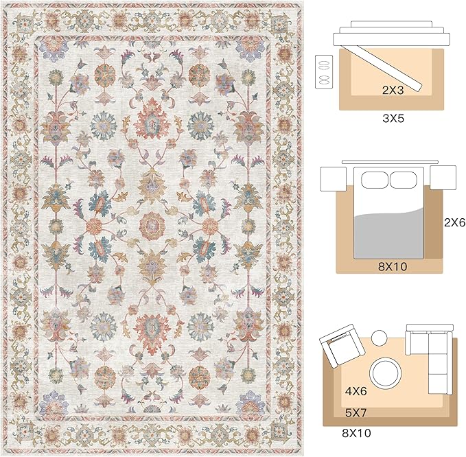 Tangsoo Washable Area Rug, 8x10 Pottery Barn Neutral Floral Large Rugs for Bedroom Living Room, Vintage Boho Non Slip Low Pile Beige Carpet for Farmhouse Nursery Office Laundry, Pet & Child Friendly