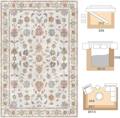 Tangsoo Washable Area Rug, 8x10 Pottery Barn Neutral Floral Large Rugs for Bedroom Living Room, Vintage Boho Non Slip Low Pile Beige Carpet for Farmhouse Nursery Office Laundry, Pet & Child Friendly