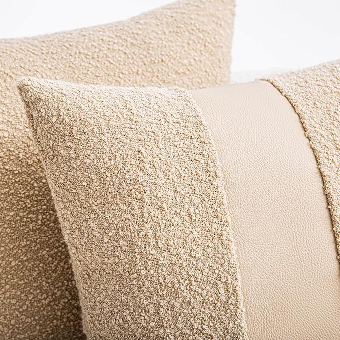 22"x22" Khaki Boucle Pillow Covers with Faux Leather Accents Set of 2 Fluffy Textured Decorative Throw Pillow Cases for Couch Bed Boho Farmhouse Square Cushion Covers for Home Décor