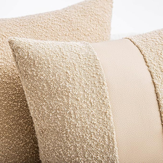18"x18" Khaki Boucle Throw Pillow Covers with Faux Leather Accents Set of 2 Fluffy Textured Decorative Pillow Cases for Couch Bed Boho Farmhouse Square Cushion Covers for Nordic Home Décor