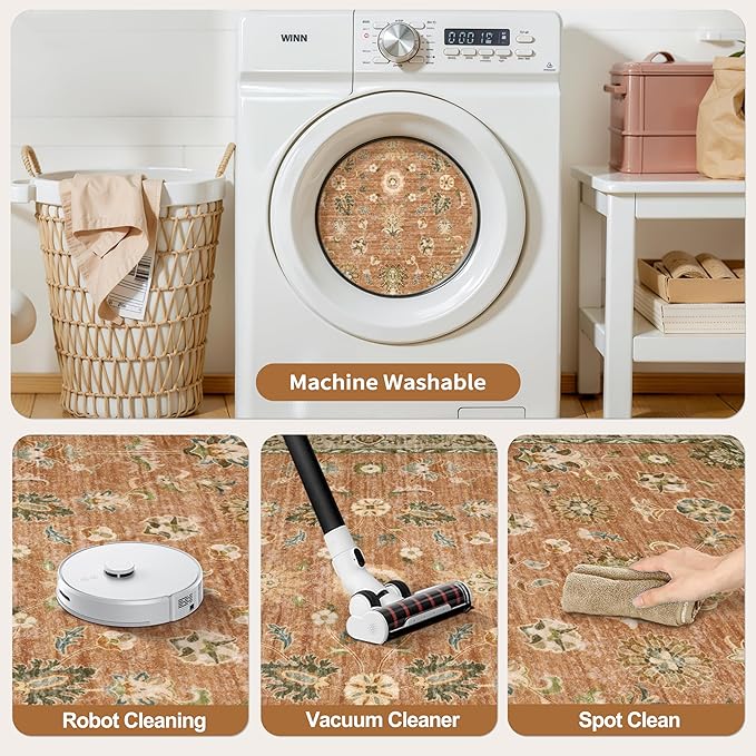 Tangsoo 3x5 Floral Area Rug Washable Non-Slip Low Pile Vintage Boho Distressed Carpet for Bedroom, Entryway, Kitchen, Office, Foyer Decor - Pet & Child Friendly (Terracotta)