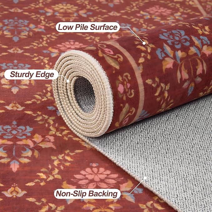 Tangsoo 5x7 Washable Area Rug, Non Slip Red Floral Indoor Rug, Soft Low Pile Floor Carpet for Living Room, Bedroom, Dining Room, Pet & Child Friendly Room Decor, Easy to Clean