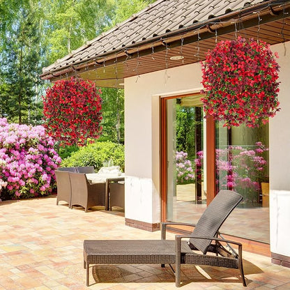 Artificial Hanging Flowers Plants with Basket for Outdoors, Realistic Faux Silk Daisy Flower Eucalyptus for Spring Decor, UV Resistant Fake Plants for Porch Patio Yard Balcony, Red Brown