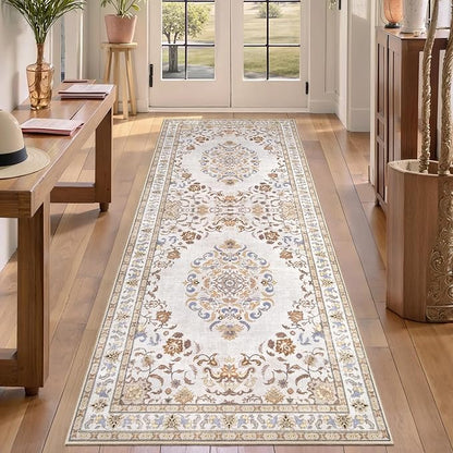 Tangsoo 2x6 Washable Runner Rug Non Slip, Vintage Boho Neutral Hallway Rug for Entry Kitchen, Soft Low Pile Beige Floor Carpet Runner for for Laundry, Bedroom, Living Room Home Decor