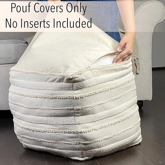 Chardin home Unstuffed Ottoman, Cozy & Bohemian Pouf Covers, Hand Crafted Casual Seating, Footrest, Square Floor Pillow for Home, Office, Bedroom, Living Room, 16 x 16 x16 Inch., Ivory-Beige.
