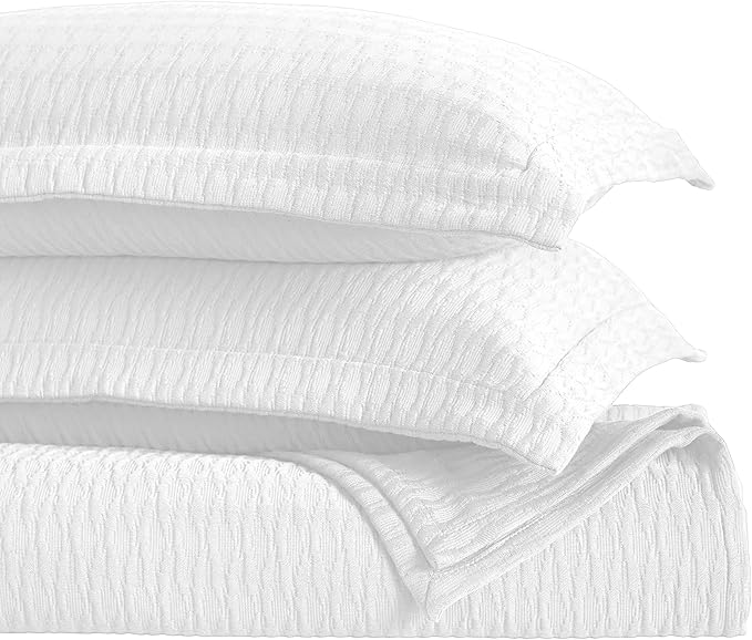 Superior 3 Piece Cotton Bedspread Set, Home Bed Decor, Decorative Bed Spread, 2 Pillow Shams, Medium Weight Blanket, Matelasse Coverlet, Bedding Essentials, Calvert Collection, Queen, White