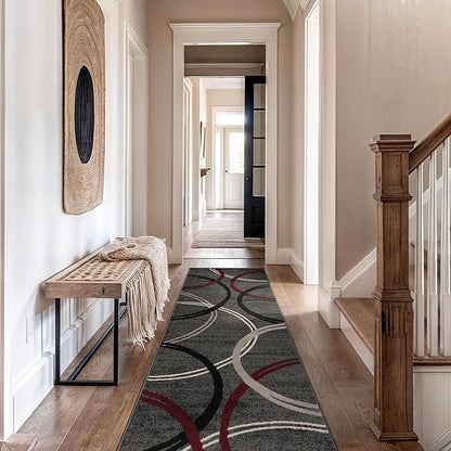 Rugshop Modern Wavy Circles Design Non-Shedding Runner Rug, Carpet for Hallway, Entryway, or Kitchen, Red, 2'7" x 12'
