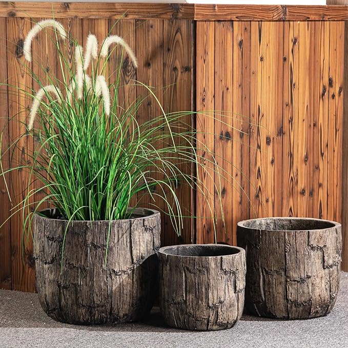 Yundu Concrete Planter Set of 3, 14.5 & 12.6 & 9.8 inch Plant Pot. Vintage Style Woodgrain Concrete Planter with Drainage Holes, Suitable for Home, Garden and Other Indoor and Outdoor décor