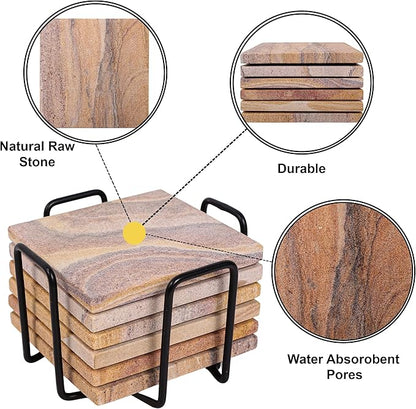 Sandstone Water Absorbent Hand Crafted Square Coasters for Drinks - 4 Inches Wide Thirsty Stone Bar/Drink Coasters- Made from Rainbow Sandstone (Set of 6 with Holder)