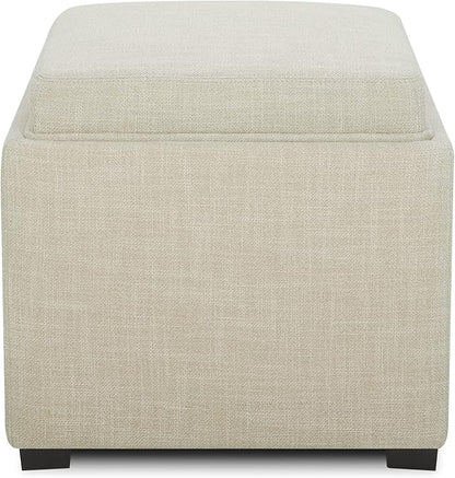 CHITA Storage Ottoman Cube with Tray Lid, Small Footstool with Storage, Square End Table for Living Room and Bedroom, Fabric in Linen