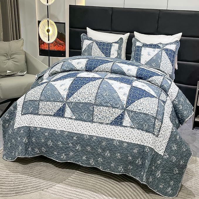 Patchwork Quilt Set King Size Quilted Bedspread Coverlet Set 3-Piece Grey Lightweight Comforter Floral Reversible Stitched Quilt Bedding Set Bed Cover Blanket with 2 Pillow Shams for All Season