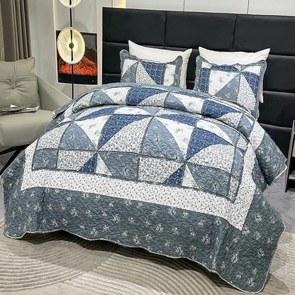 Patchwork Quilt Set King Size Quilted Bedspread Coverlet Set 3-Piece Grey Lightweight Comforter Floral Reversible Stitched Quilt Bedding Set Bed Cover Blanket with 2 Pillow Shams for All Season