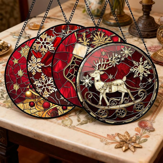 DASTOLL Stained Glass Window Hanging 4 Pcs Set Red Christmas Elk Snowflakes 7.8" - Deer Suncatcher Door Garden Sun Catcher Decor Birthday for Mom Woman Nana Men Friend