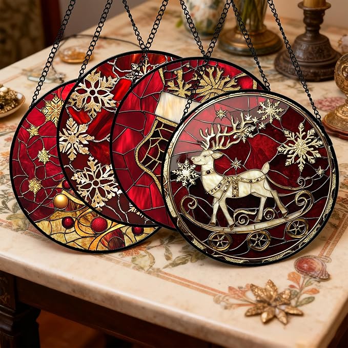 DASTOLL Stained Glass Window Hanging 4 Pcs Set Red Christmas Elk Snowflakes Large 11.8" - Deer Suncatcher Door Garden Sun Catcher Decor Birthday for Mom Woman Nana Men Friend